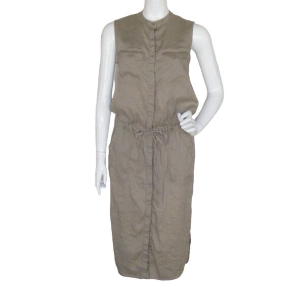 VINCE Midi Dress, XS, Khaki, Career, Sleeveless, Linen, Shirtdress - Picture 11 of 11